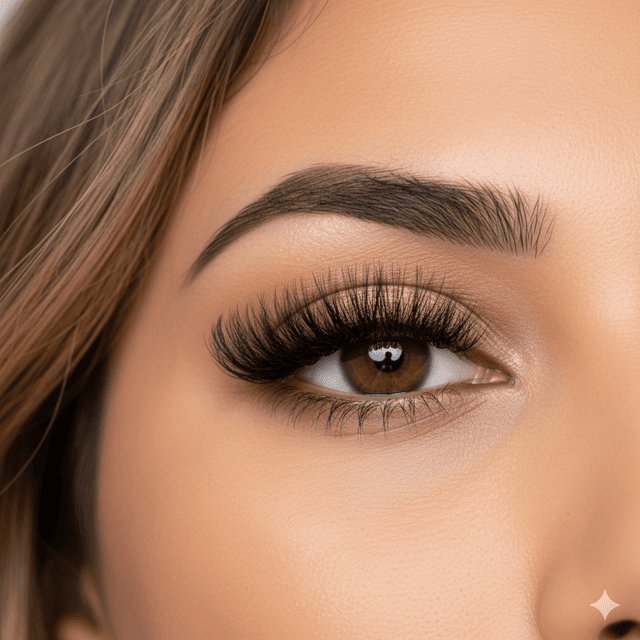 Close up de olhos com extensao volumosa e sobrancelhas perfeitas.